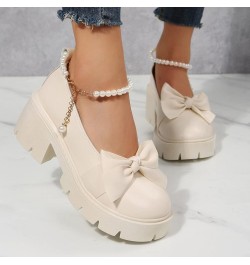 Ladies British Fashion Solid Leather Bowknot Pearl Buckle Thick High Heel Casual Shoes Formal Heel Beige $18.29 Athletic Shoes