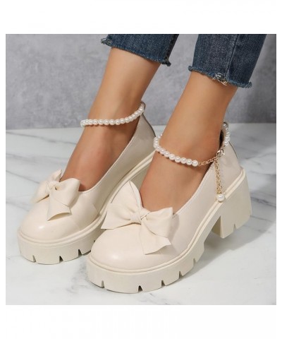 Ladies British Fashion Solid Leather Bowknot Pearl Buckle Thick High Heel Casual Shoes Formal Heel Beige $18.29 Athletic Shoes