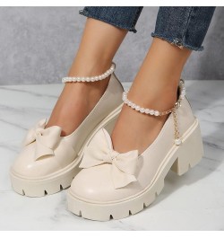 Ladies British Fashion Solid Leather Bowknot Pearl Buckle Thick High Heel Casual Shoes Formal Heel Beige $18.29 Athletic Shoes