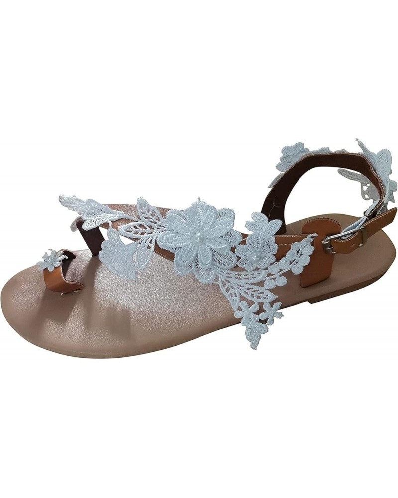 Sandals Women Dressy Summer Flat, Women's Clip Toe Bohemian Sandals Flat Casual Beach Sandals White Lace Floral Strappy Sanda...