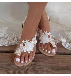 Sandals Women Dressy Summer Flat, Women's Clip Toe Bohemian Sandals Flat Casual Beach Sandals White Lace Floral Strappy Sanda...