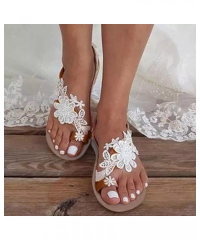 Sandals Women Dressy Summer Flat, Women's Clip Toe Bohemian Sandals Flat Casual Beach Sandals White Lace Floral Strappy Sanda...