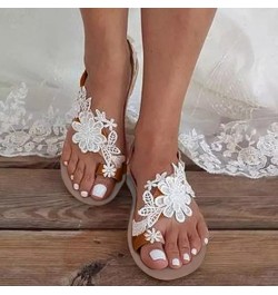 Sandals Women Dressy Summer Flat, Women's Clip Toe Bohemian Sandals Flat Casual Beach Sandals White Lace Floral Strappy Sanda...