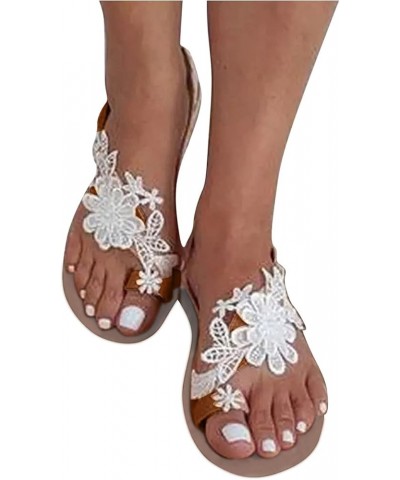 Sandals Women Dressy Summer Flat, Women's Clip Toe Bohemian Sandals Flat Casual Beach Sandals White Lace Floral Strappy Sanda...