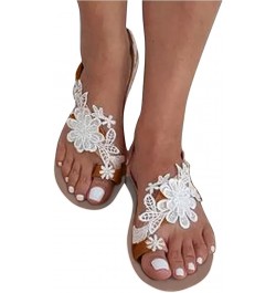 Sandals Women Dressy Summer Flat, Women's Clip Toe Bohemian Sandals Flat Casual Beach Sandals White Lace Floral Strappy Sanda...