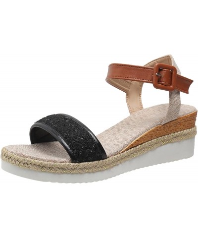 Teen Girls Outdoors Slippers Ladies Fashion Summer Sequins Decorative Open Toe Buckle Wedge Heel Thick Sole Black $15.83 Slip...