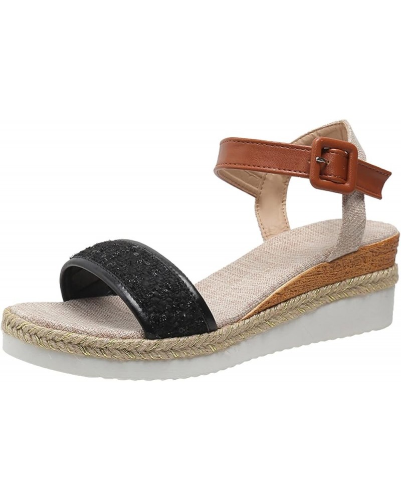 Teen Girls Outdoors Slippers Ladies Fashion Summer Sequins Decorative Open Toe Buckle Wedge Heel Thick Sole Black $15.83 Slip...