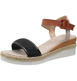 Teen Girls Outdoors Slippers Ladies Fashion Summer Sequins Decorative Open Toe Buckle Wedge Heel Thick Sole Black $15.83 Slip...