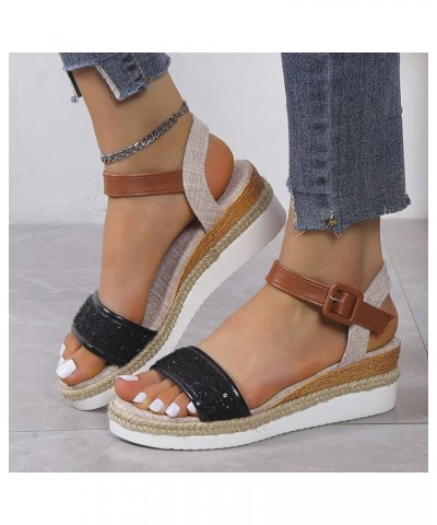 Teen Girls Outdoors Slippers Ladies Fashion Summer Sequins Decorative Open Toe Buckle Wedge Heel Thick Sole Black $15.83 Slip...