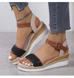 Teen Girls Outdoors Slippers Ladies Fashion Summer Sequins Decorative Open Toe Buckle Wedge Heel Thick Sole Black $15.83 Slip...