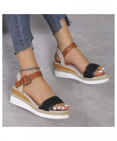 Teen Girls Outdoors Slippers Ladies Fashion Summer Sequins Decorative Open Toe Buckle Wedge Heel Thick Sole Black $15.83 Slip...