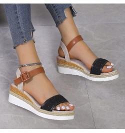 Teen Girls Outdoors Slippers Ladies Fashion Summer Sequins Decorative Open Toe Buckle Wedge Heel Thick Sole Black $15.83 Slip...