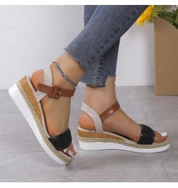 Teen Girls Outdoors Slippers Ladies Fashion Summer Sequins Decorative Open Toe Buckle Wedge Heel Thick Sole Black $15.83 Slip...