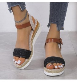 Teen Girls Outdoors Slippers Ladies Fashion Summer Sequins Decorative Open Toe Buckle Wedge Heel Thick Sole Black $15.83 Slip...