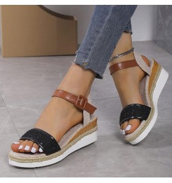 Teen Girls Outdoors Slippers Ladies Fashion Summer Sequins Decorative Open Toe Buckle Wedge Heel Thick Sole Black $15.83 Slip...