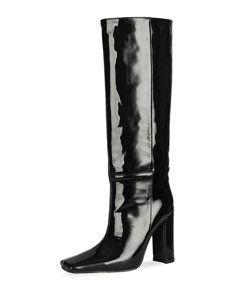 Fashion Women Knee Boots Block High Heels Pull on 055 Black $43.15 Boots