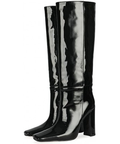 Fashion Women Knee Boots Block High Heels Pull on 055 Black $43.15 Boots