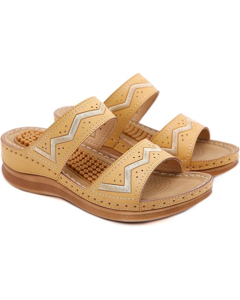 Womens Wedge Sandals PU Leather Slide Vintage Anti Slip Wedge Slip On Sandals Yellow $14.93 Sandals