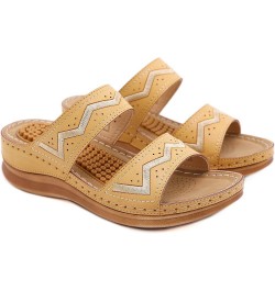 Womens Wedge Sandals PU Leather Slide Vintage Anti Slip Wedge Slip On Sandals Yellow $14.93 Sandals