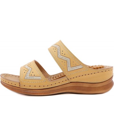 Womens Wedge Sandals PU Leather Slide Vintage Anti Slip Wedge Slip On Sandals Yellow $14.93 Sandals