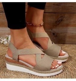 Large Women Sandals Summer New Flat Bottom Slope Heel Fish Mouth Casual Women Dress Sandals for Women Flat Cover Toes Khaki $...