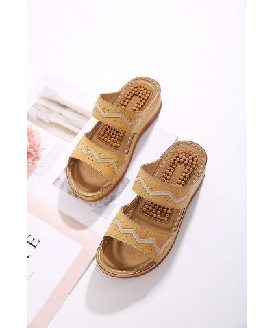 Womens Wedge Sandals PU Leather Slide Vintage Anti Slip Wedge Slip On Sandals Yellow $14.93 Sandals