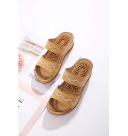 Womens Wedge Sandals PU Leather Slide Vintage Anti Slip Wedge Slip On Sandals Yellow $14.93 Sandals