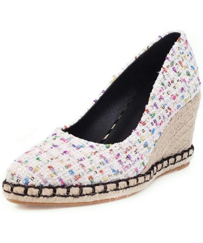 Women's Platform Espadrilles Wedge Pumps Checked Fabric Slip On Closed Toe Office Dress Shoes White $40.54 Pumps