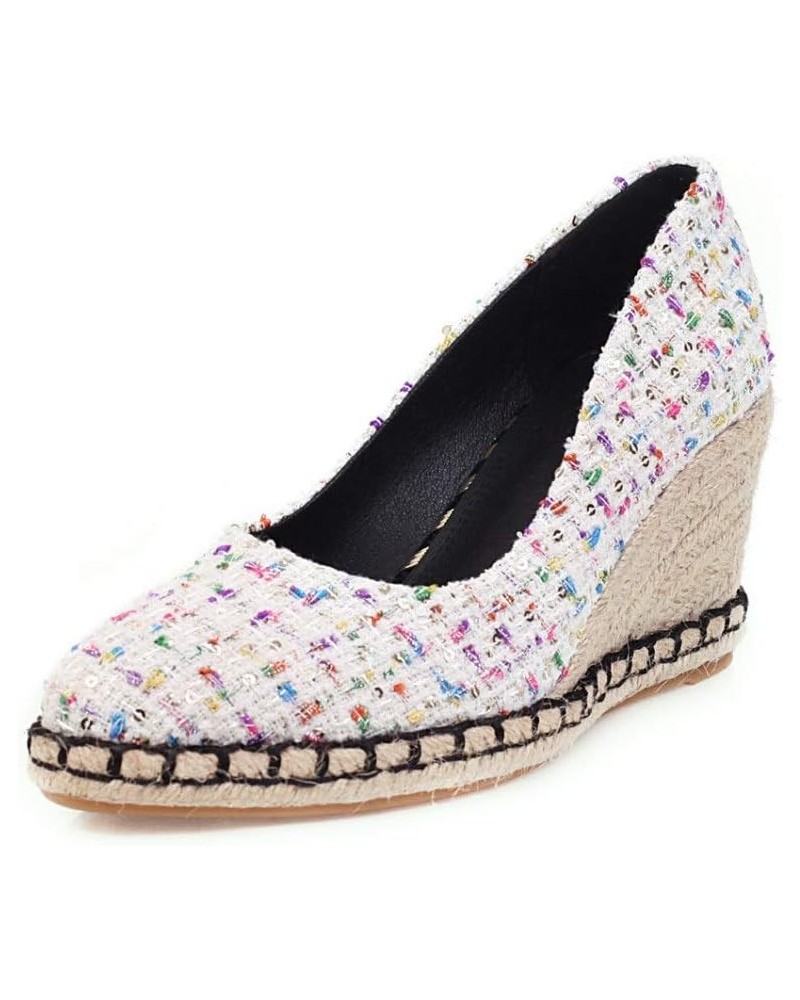 Women's Platform Espadrilles Wedge Pumps Checked Fabric Slip On Closed Toe Office Dress Shoes White $40.54 Pumps