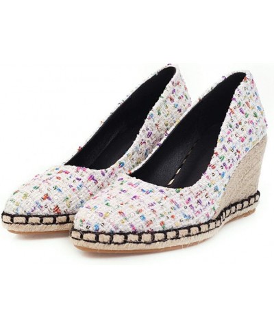 Women's Platform Espadrilles Wedge Pumps Checked Fabric Slip On Closed Toe Office Dress Shoes White $40.54 Pumps