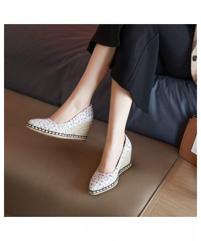 Women's Platform Espadrilles Wedge Pumps Checked Fabric Slip On Closed Toe Office Dress Shoes White $40.54 Pumps