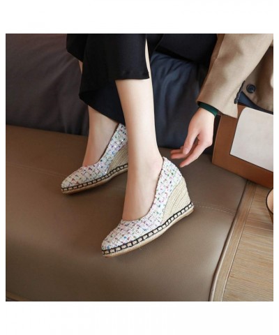 Women's Platform Espadrilles Wedge Pumps Checked Fabric Slip On Closed Toe Office Dress Shoes White $40.54 Pumps