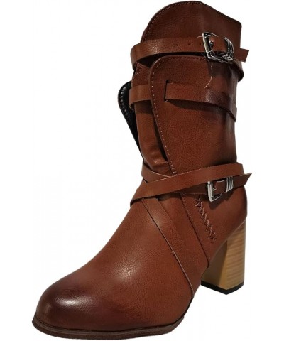 Cowgirl Boots Women, Womens High Heel Ankle Boots Almond Toe Buckle Chunky Belt Cowboy Boots Fashion Vintage Boots Brown $33....