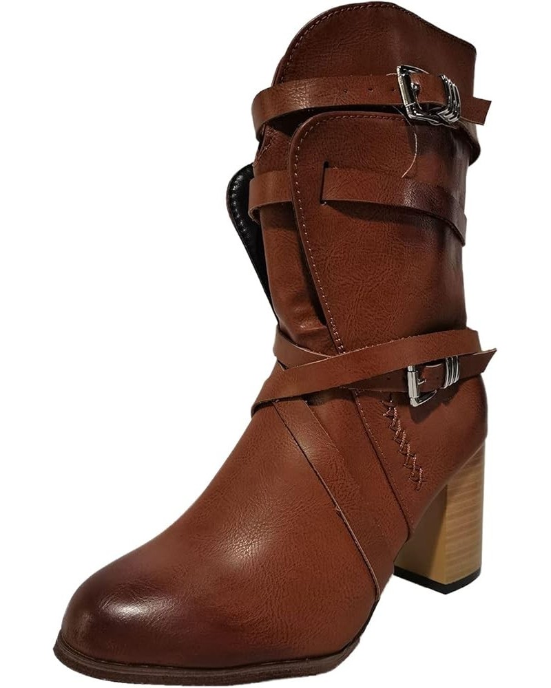 Cowgirl Boots Women, Womens High Heel Ankle Boots Almond Toe Buckle Chunky Belt Cowboy Boots Fashion Vintage Boots Brown $33....