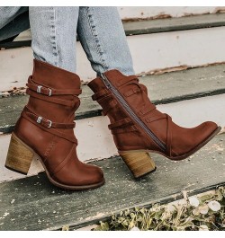 Cowgirl Boots Women, Womens High Heel Ankle Boots Almond Toe Buckle Chunky Belt Cowboy Boots Fashion Vintage Boots Brown $33....