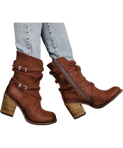 Cowgirl Boots Women, Womens High Heel Ankle Boots Almond Toe Buckle Chunky Belt Cowboy Boots Fashion Vintage Boots Brown $33....