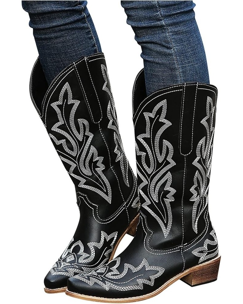 Cowboy Bo_ots for Women,Womens Cowgirl Embroidered Platform Low he_els Bo_ot Pointed toe Mid Calf Western Cowboy Bo_ots A32-b...