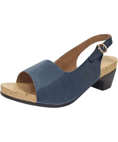 Women's Fashion Wedge Sandals Classic Dressy Ankle Strap PU Leather Sandals Summer Solid Casual Shoes for Women Dark Blue $9....