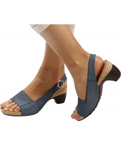 Women's Fashion Wedge Sandals Classic Dressy Ankle Strap PU Leather Sandals Summer Solid Casual Shoes for Women Dark Blue $9....