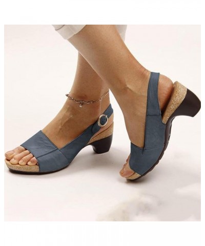 Women's Fashion Wedge Sandals Classic Dressy Ankle Strap PU Leather Sandals Summer Solid Casual Shoes for Women Dark Blue $9....