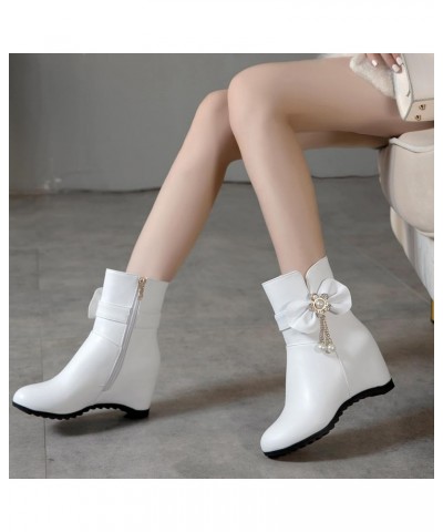 Women Wedge Heel Ankle Boots, Party Booties Round Toe Mid Heel Short Boots Zip Beaded, Size 3-10.5 White-2 $25.18 Boots