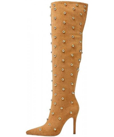 Women's Pointed Toe Stiletto Heel High Heel Over The Knee Boots Fashion Studded Beads Catwalk Suede Boots Yellow $47.85 Boots