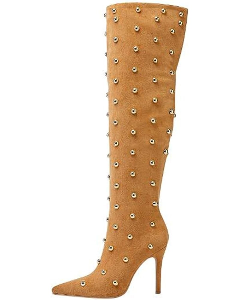 Women's Pointed Toe Stiletto Heel High Heel Over The Knee Boots Fashion Studded Beads Catwalk Suede Boots Yellow $47.85 Boots