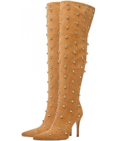 Women's Pointed Toe Stiletto Heel High Heel Over The Knee Boots Fashion Studded Beads Catwalk Suede Boots Yellow $47.85 Boots