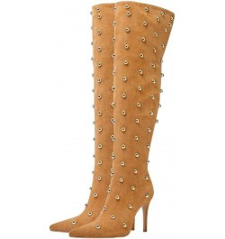 Women's Pointed Toe Stiletto Heel High Heel Over The Knee Boots Fashion Studded Beads Catwalk Suede Boots Yellow $47.85 Boots