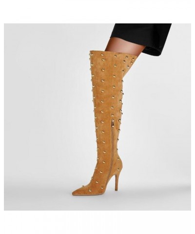 Women's Pointed Toe Stiletto Heel High Heel Over The Knee Boots Fashion Studded Beads Catwalk Suede Boots Yellow $47.85 Boots