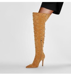 Women's Pointed Toe Stiletto Heel High Heel Over The Knee Boots Fashion Studded Beads Catwalk Suede Boots Yellow $47.85 Boots