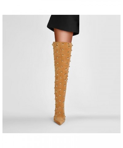 Women's Pointed Toe Stiletto Heel High Heel Over The Knee Boots Fashion Studded Beads Catwalk Suede Boots Yellow $47.85 Boots