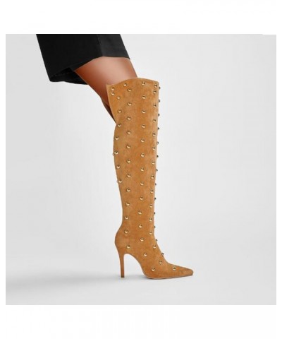 Women's Pointed Toe Stiletto Heel High Heel Over The Knee Boots Fashion Studded Beads Catwalk Suede Boots Yellow $47.85 Boots