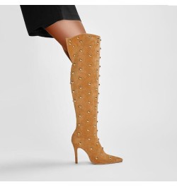 Women's Pointed Toe Stiletto Heel High Heel Over The Knee Boots Fashion Studded Beads Catwalk Suede Boots Yellow $47.85 Boots